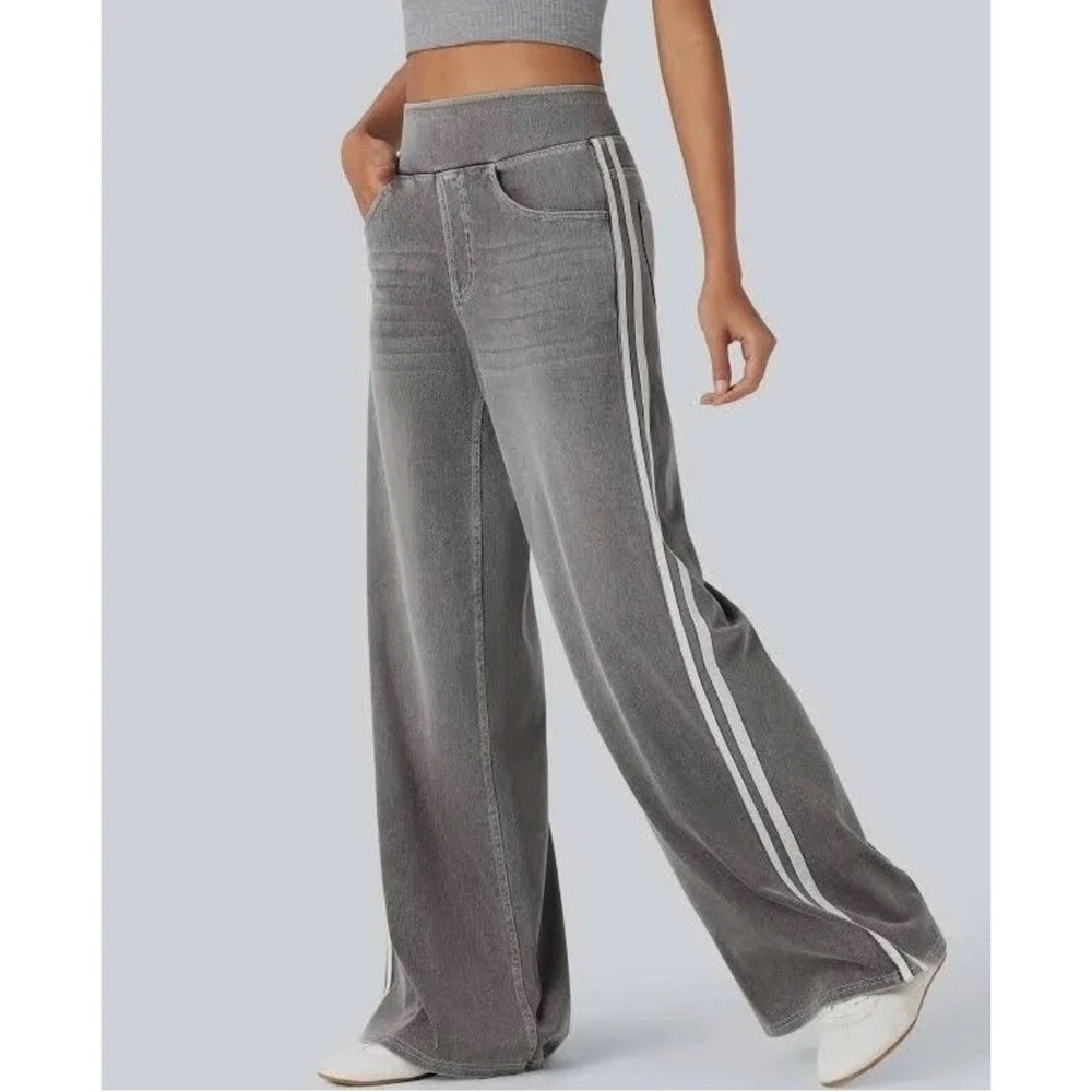 HALARA Grey Wide Leg Flare Jeans with White Side Stripes